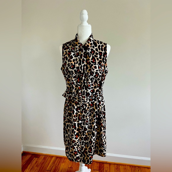 Leopard Print Collared Button Down Belted Dress - Picture 1 of 4